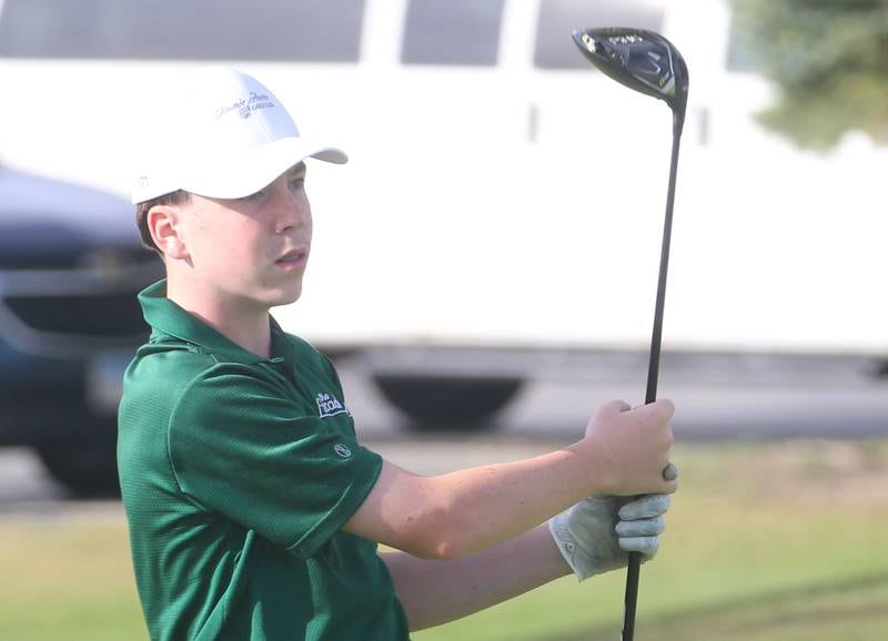 St. Bede's Jacob Flavin tees off during the Class 1A Regionals on Wednesday, Oct. 1, 2025 at Deer Park Golf Club in Oglesby.