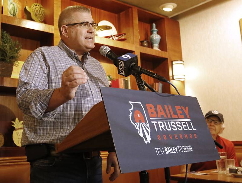 Republican candidate for governor Darren Bailey speaks as he campaigns Wednesday, Sept. 21, 2022, at Around the Clock Restaurant, 5011 Northwest Highway, in Crystal Lake, during a nine-city bus tour, with his Lt. Governor candidate Stephanie Trussell.