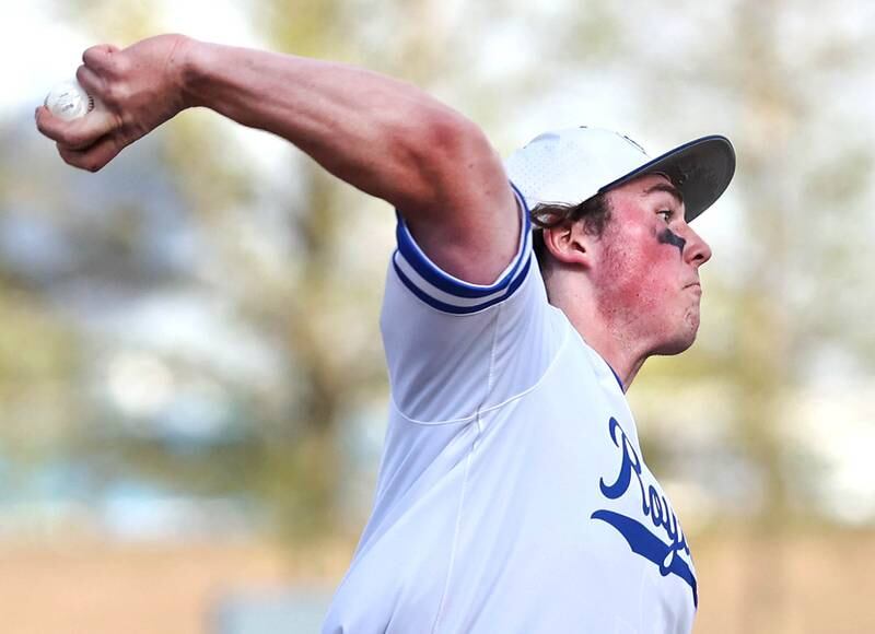 Hinckley-Big Rock's Martin Ledbetter delivers a pitch Monday, May 16, 2022, at Hinckley-Big Rock High School during the play-in game against Indian Creek to decide who will advance to participate in the Class 1A Somonauk Regional.