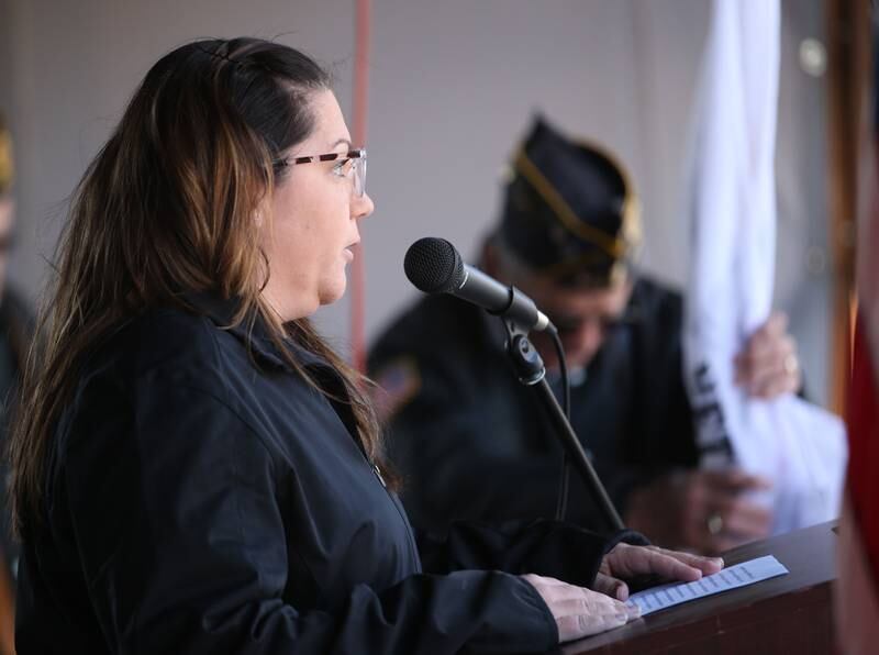 Christa Hammers Superintendent of the LaSalle County Vetarans Assistant Commission, speaks during the annual Pearl Harbor parade and memorial service on Saturday in Peru. This year marks the 83rd anniversary of the Dec. 7, 1941, attack on Pearl Harbor.