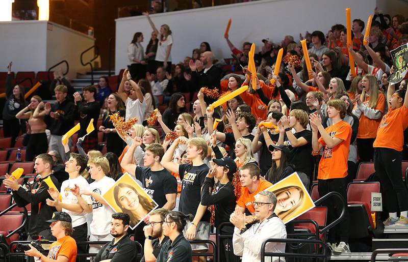 St. Charles East fans cheer on their volleyball team in the Class 4A semifinal game on Friday, Nov. 11, 2022 at Redbird Arena in Normal.