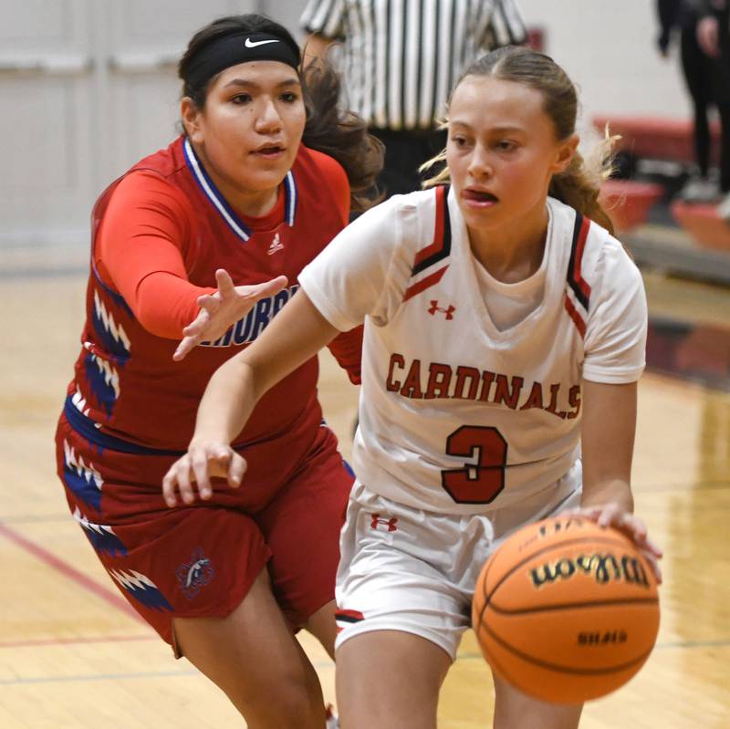 Forreston's Tenlei Patterson (3) dribbles as Morrison's Ashley Alba (15) defends during a game at the Forreston High School Girls Basketball Thanksgiving Tournament on Friday, Nov. 21, 2025 in Forreston.