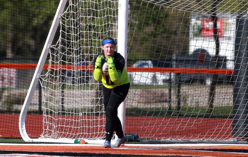 Geneva goal keeper Sophie Peruba makes a save during a Tri-Cities Soccer Night game against Batavia on Tuesday, April 29, 2025 at St. Charles East.