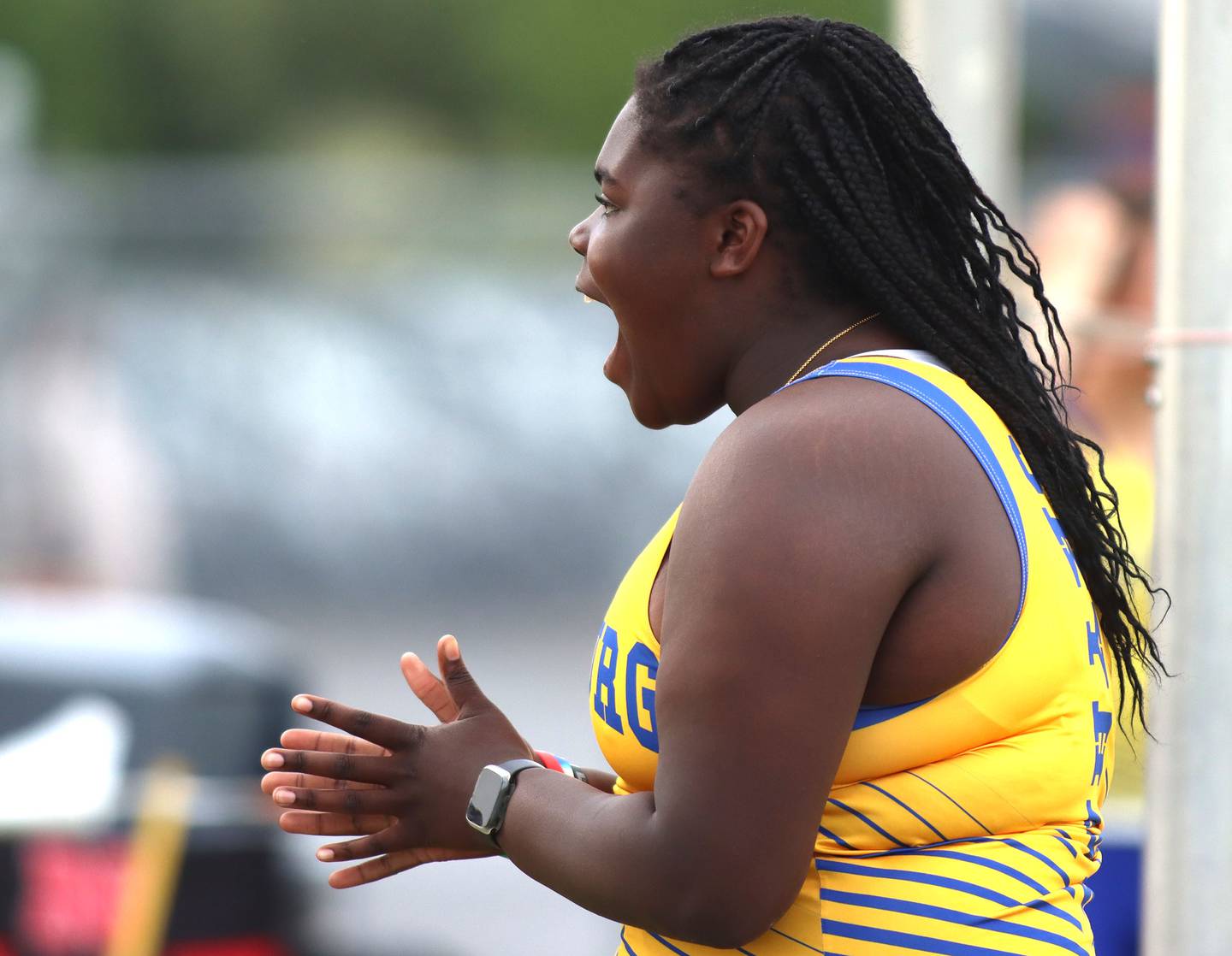 Johnsburg’s Stori Hurckes reacts after competing in the discus in IHSA Class 2A Girls Sectional Track action at Genoa-Kingston School in Genoa on Friday, May 16, 2025.