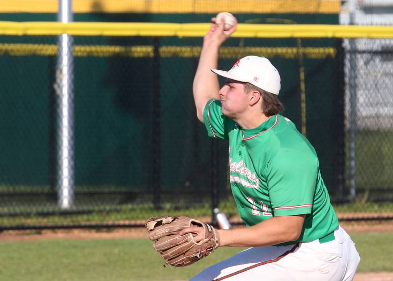 L-P pitcher Nolan Van Duzer lets go of the ball against Morris during the Class 3A Regional semifinal game at Huby Sarver Field in La Salle.
