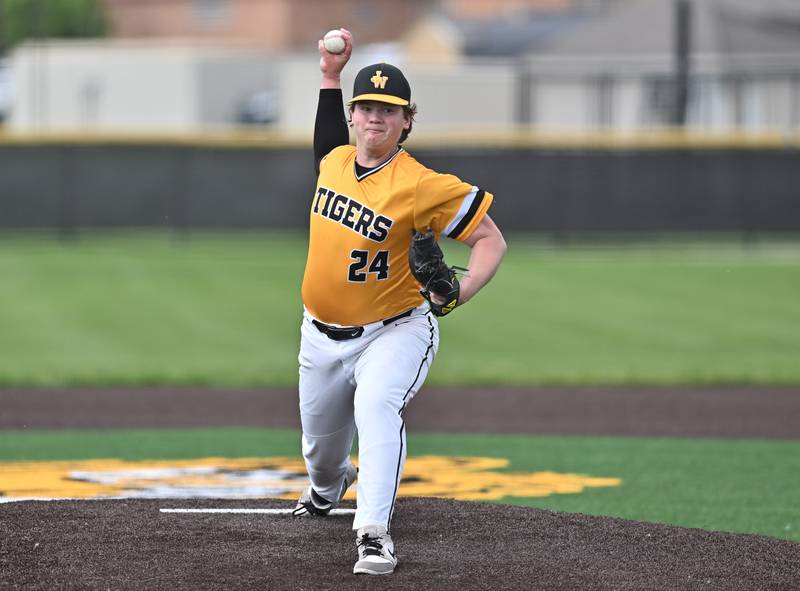 Joliet West's Ryan Lasson throws a pitch during the 4A Joliet West regional game against Richards on Thursday, May 29, 2025, at Joliet.