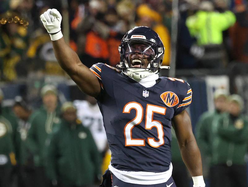 Chicago Bears running back Kyle Monangai celebrates a first down during their NFL Wild Card game against the Green Bay Packers Saturday, Jan. 10, 2026, at Soldier Field in Chicago.