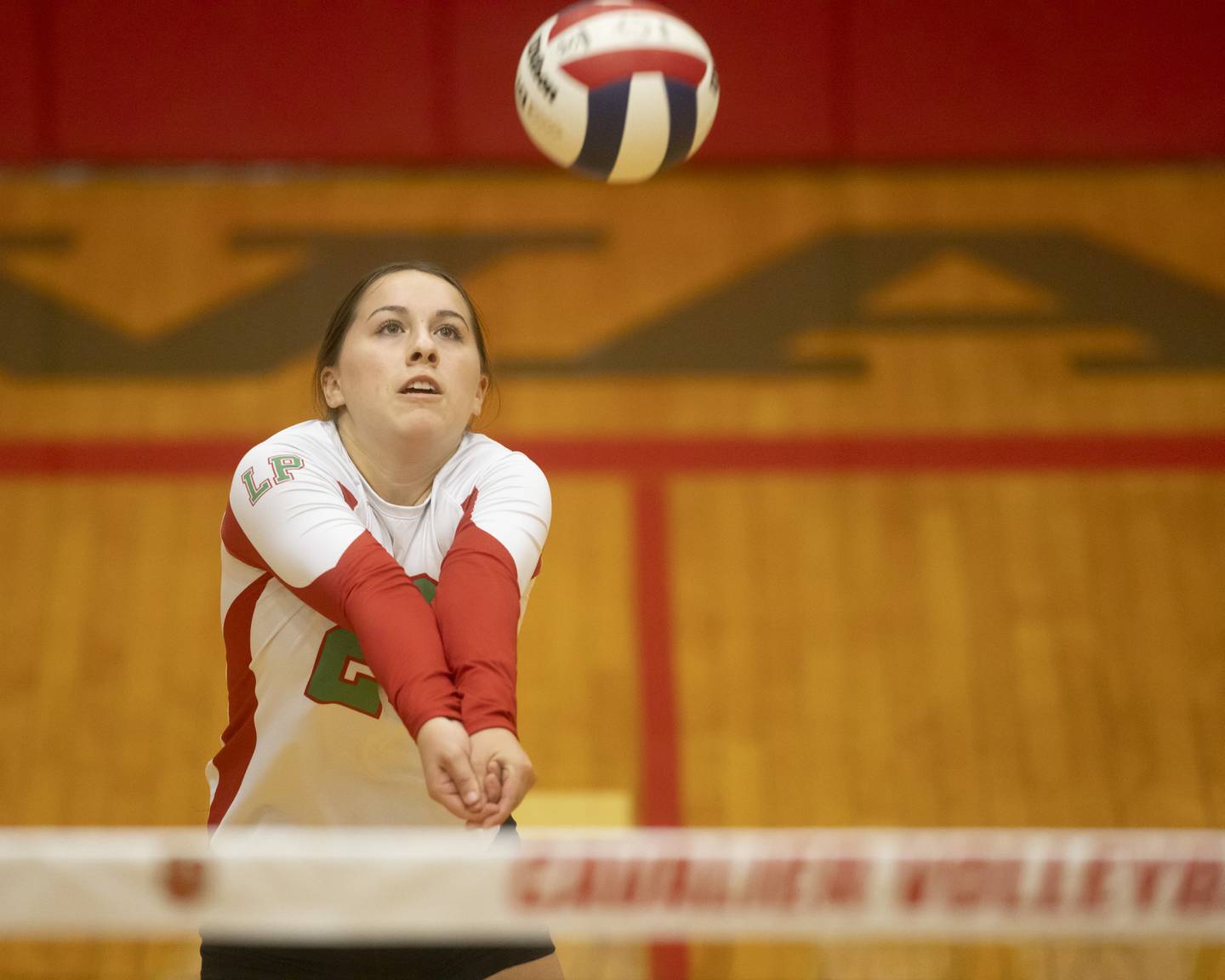 LaSalle-Peru libero Marissa Sanchez returns a serve against Sycamore on Sept. 14, 2023 at La Salle-Peru.