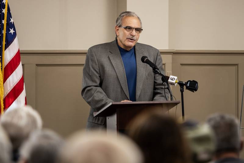 Crest Hill Mayor Raymond R. Soliman addresses the crowd during a Veterans Day ceremony at American Legion Post 1080 in Joliet on Nov. 11, 2025.