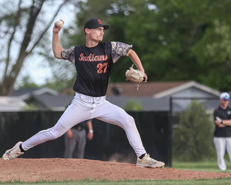 Sandwich's Chance Lange (27) delivers a pitch during a baseball game between Sandwich at Plano.  May 8, 2024