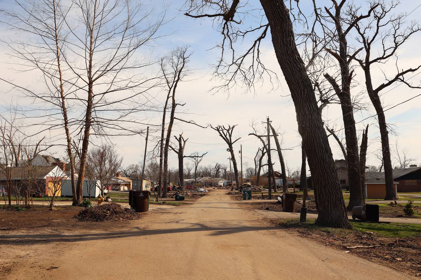 Damaged trees and homes in the Oakwoods subdivision in Aroma Township are shown on April 8, 2026, nearly one month after the EF-3 tornado.