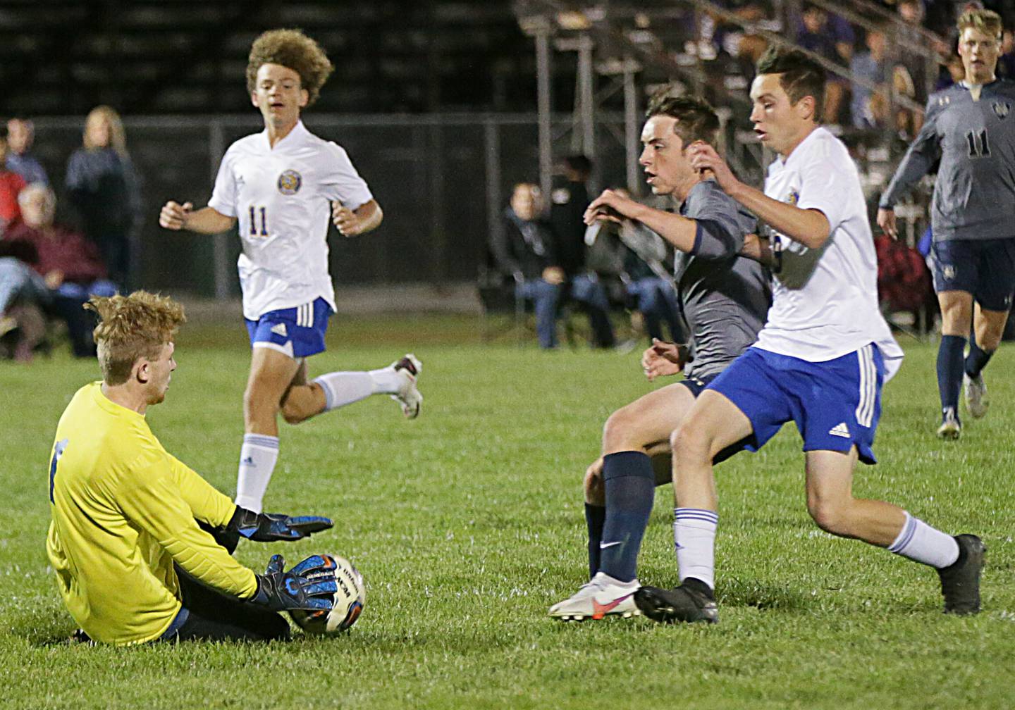 Somonauk's goalkeeper Coleton Eade blocks a shot from Quincy Notre Dame in the Class 1A Sectional semifinal game in Chillicothe on Tuesday Oct. 19, 2021.