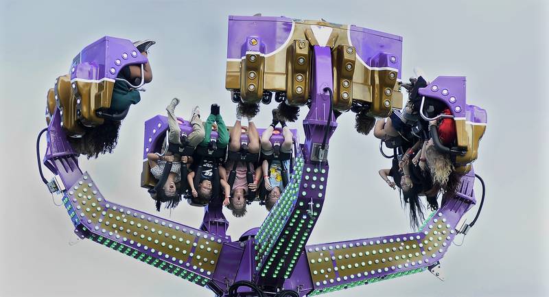 Riders found themselves upside down Thursday, Aug. 3, 2023, riding OMG 360 during the opening night of the Streator Fest carnival at Northpoint Plaza. The carnival, along with live music and food vendors, runs through Sunday.