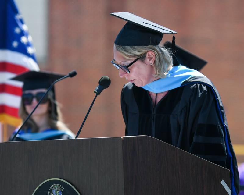 Downers Grove North principal Dr. Courtney DeMent welcomes everyone to the Downers Grove North graduation held at Downers Grove North High School on Sunday May 19, 2024.