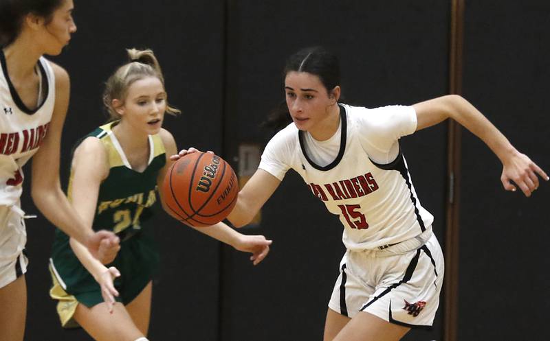 Huntley's Jessica Ozzauto pushes the ball up the court during a Dundee-Crown Thanksgiving Girls Basketball Tournament basketball game Wednesday, Nov.. 16, 2022, between Huntley and Boylan at Huntley High School.