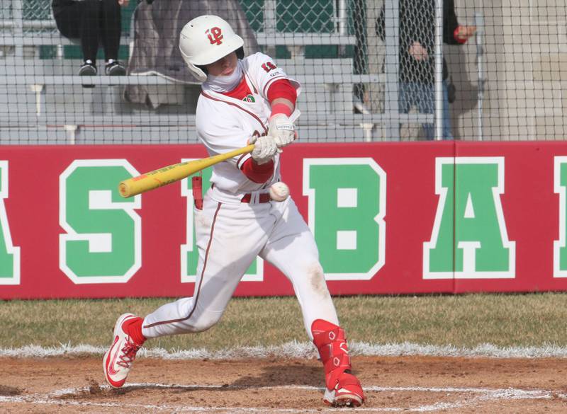 L-P's Brevyn Vogel connects with a hit against Mendota on Thursday, April 3, 2025 at Huby Sarver Field inside the L-P Athletic Complex in La Salle.