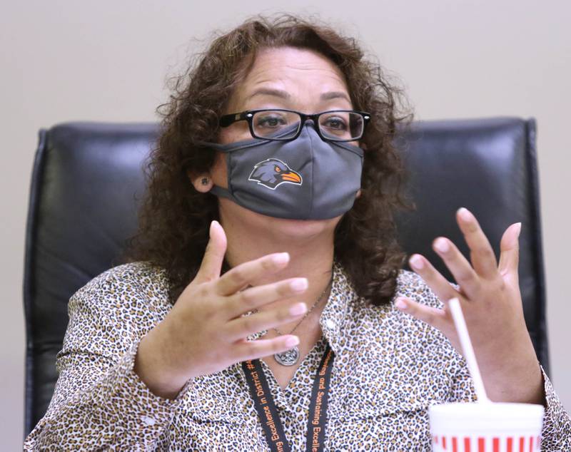 New DeKalb School District 428 Superintendent Minerva Garcia-Sanchez speaks during the meeting at district offices Tuesday July 20, 2021, about the boards upcoming decision on mask and COVID-19 policy as students prepare to return to school in the fall.