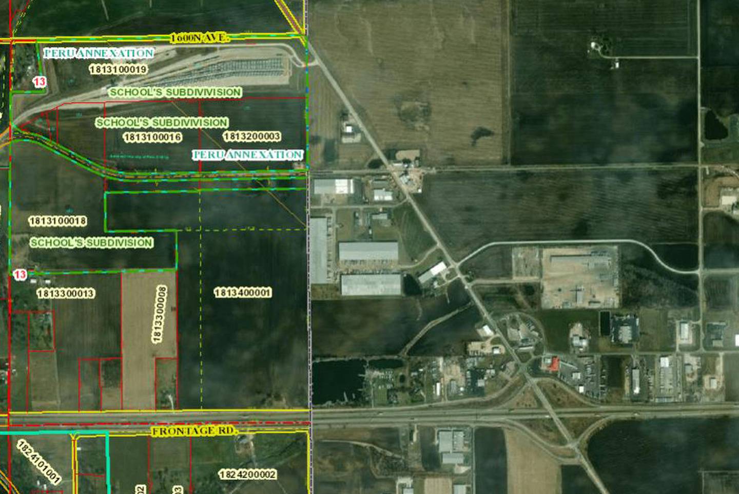 In this GIS map, provided by the Bureau County Supervisor of Assessments office at the Bureau County Courthouse in Princeton, shows the Peru Annexation of 142 acres on two parcels that will be named industrial manufacture GAF along Interstate 80 and west of Plank Road in Peru.