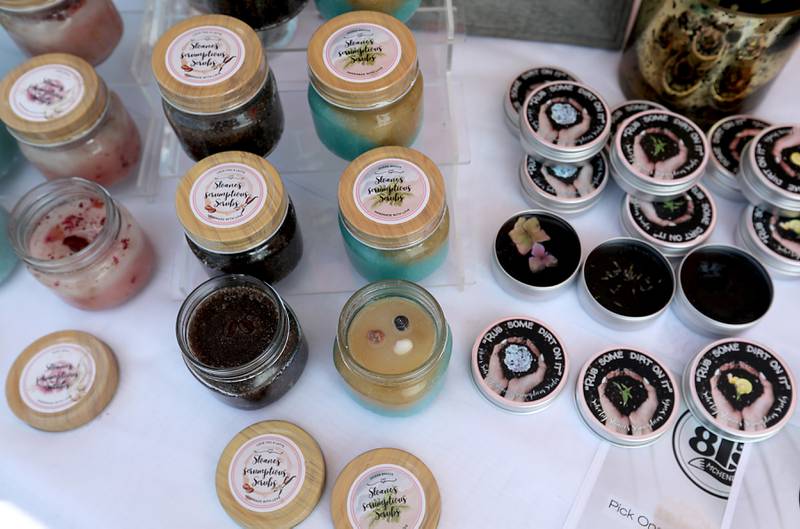 Some of Sloane’s Scrumptious Scrubs handmade nourishing skincare products during Pop Up Market outside of the Laskowski ACE Hardware store, in McHenry, on Friday, Aug.15, 2025, during McHenry.’ 815 Day.