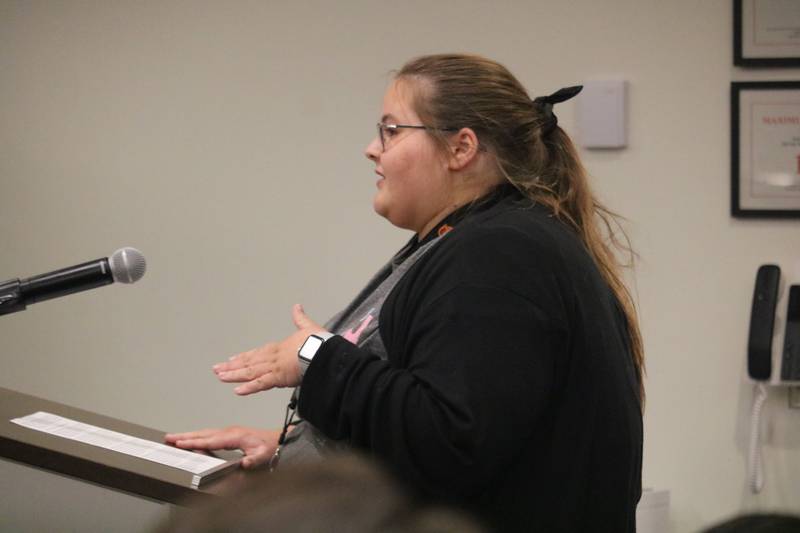 DeKalb School District 428 teacher Jennifer Lucchesi speaks in opposition to Donato Solar's plans at a Sept. 8, 2025, meeting of the DeKalb City Council.