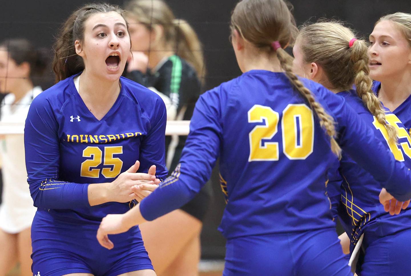 Johnsburg's Juliana Cashmore tries to fire up her team during their Class 2A sectional semifinal match against Rock Falls Monday, Oct. 31, 2022, at Winnebago High School.