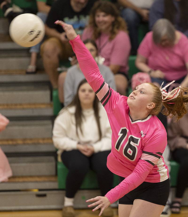 Rock Falls' Taylor Segneri spikes against North Boone Tuesday, Oct. 14, 2025.