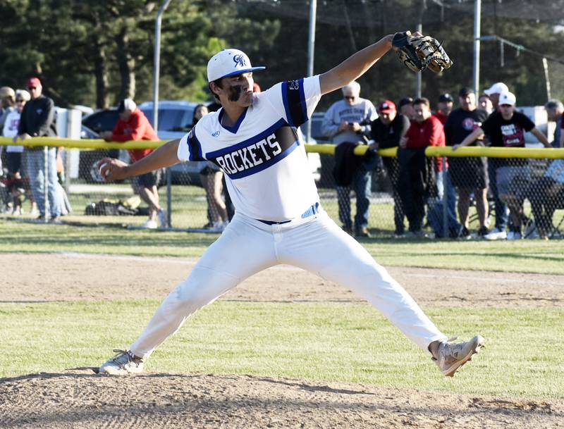 Burlington Central’s Chase Powrozek fires a pitch during the IHSA 3A Sectional Semifinal baseball game in Sycamore on Wednesday, May 29, 2024.
