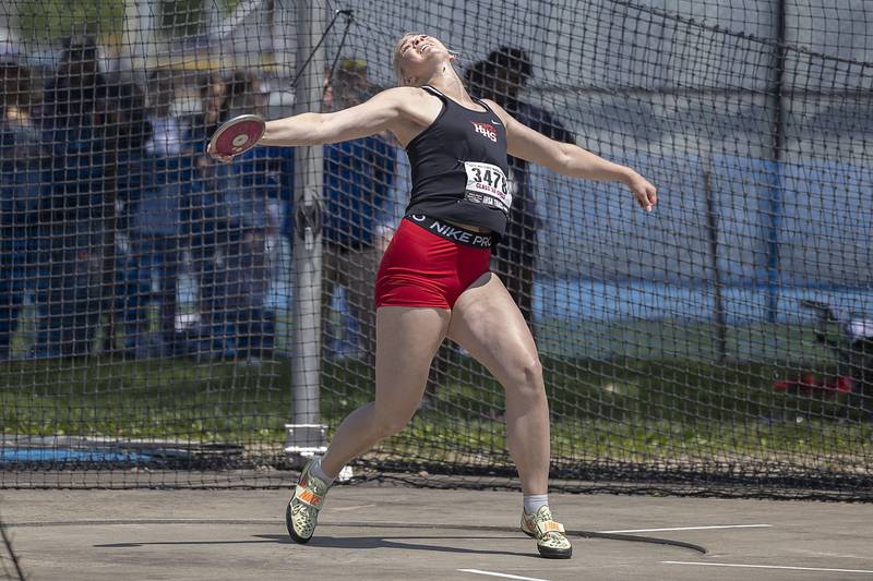 Huntley’s Ally Panzloff throws the discus in the 3A event Saturday, May 20, 2023 during the IHSA state track and field finals at Eastern Illinois University in Charleston.