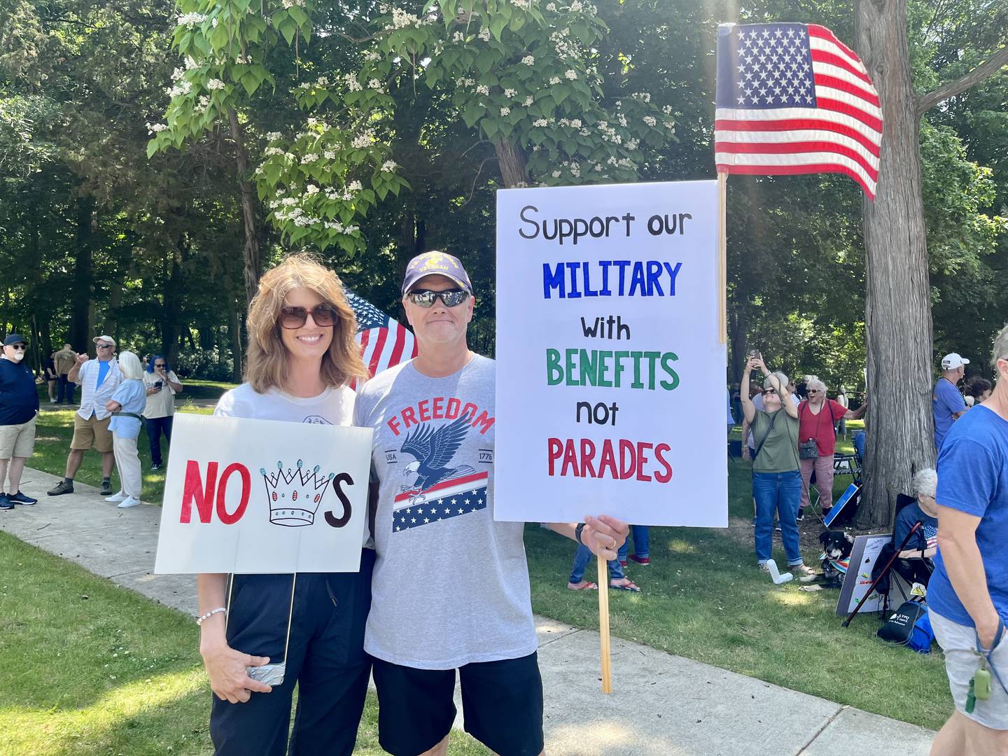 Marine Veteran (right), Jim Washburn, a Yorkville resident, said he came to the "No Kings" protest in Yorkville because he believes President Trump isn't funding enough care for veterans.
