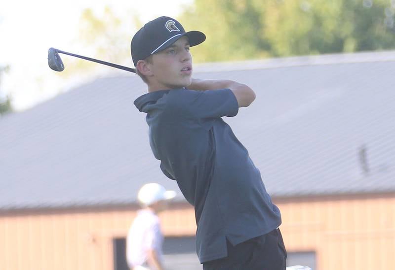 Syacmore's Drake Crittenden tees off during the Pirate Invitational on Monday, Sept. 15, 2025 at Deer Park Golf Club in Oglesby.