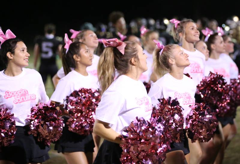 St. Bede cheerleaders perform on the sidelines during the game against Ridgewood on Friday, Sept. 15, 2023 at St. Bede Academy.