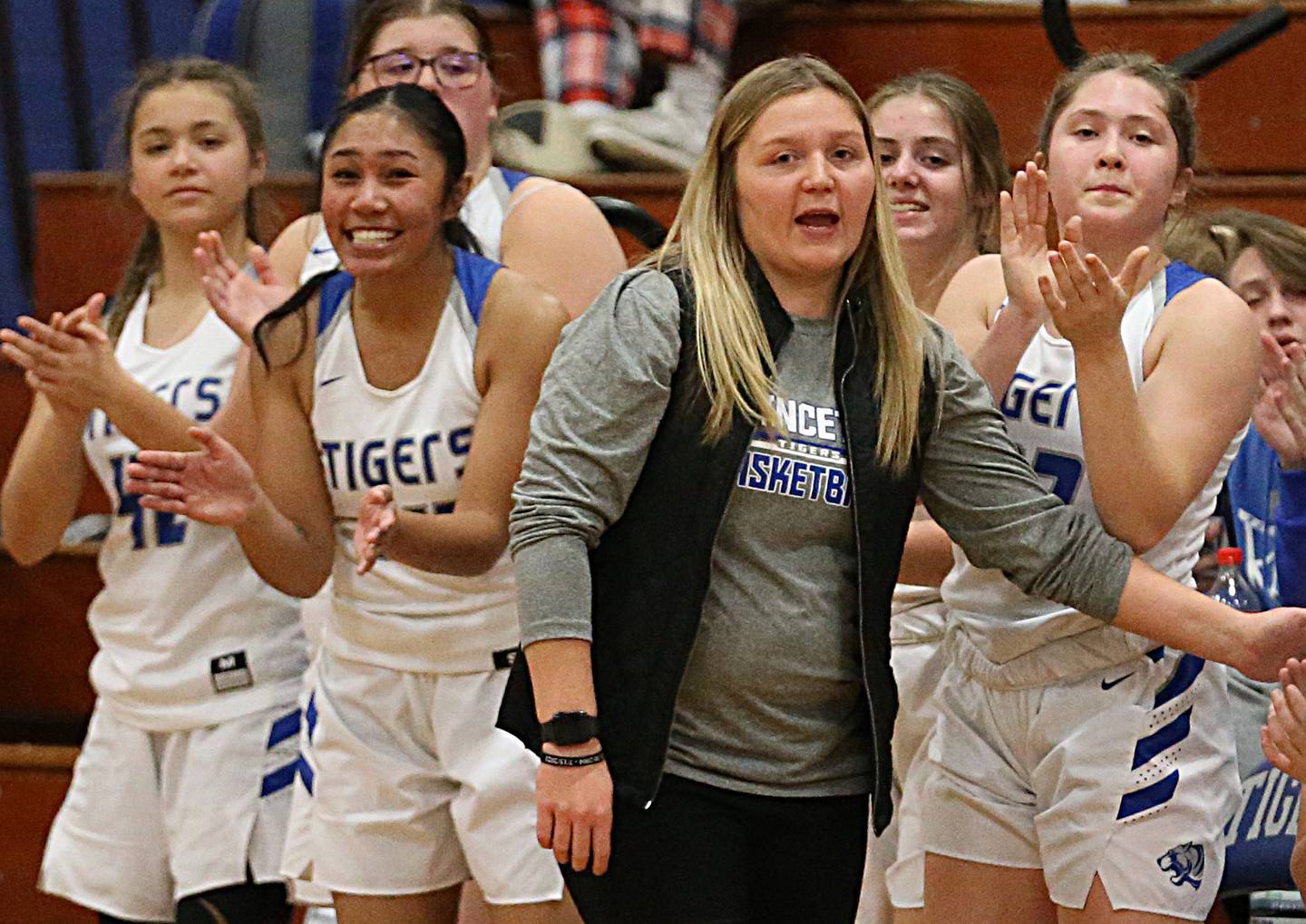Princeton's head girls basketball coach Darcy Kepner coaches her team in the Lady Tigers Holiday Tournament on Tuesday, Nov. 15, 2022 in Princeton.