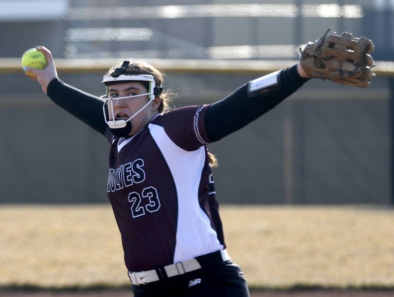 Prairie Ridge’s Reese Mosolino throws a pitch during a nonconference softball against Grayslake North Thursday. March 23, 2023, at Grayslake North High School.