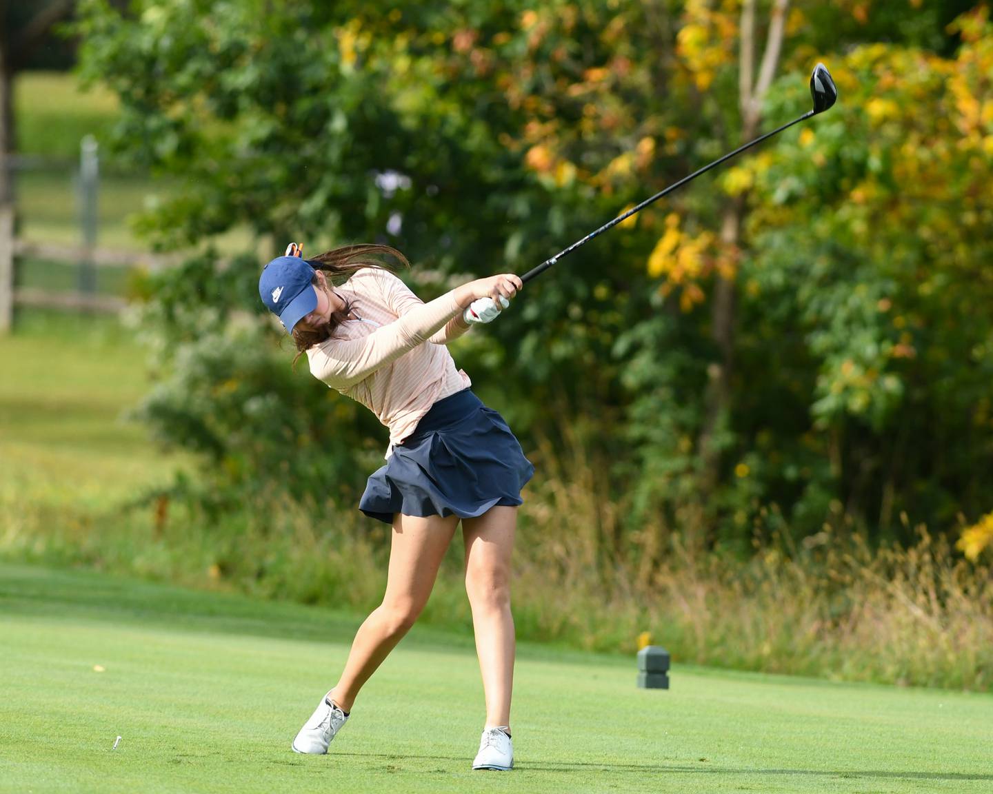 Allie Wiertel of Oswego co-op tees off during the Southwest Prairie conference meet on Wednesday Sept. 24, 2025, held at Blackberry Oaks Golf course in Bristal.