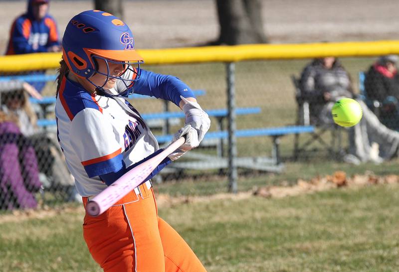 Genoa-Kingston's Brooklynn Ordlock takes a cut Monday, March 23, 2026, during their game at Hinckley-Big Rock High School.