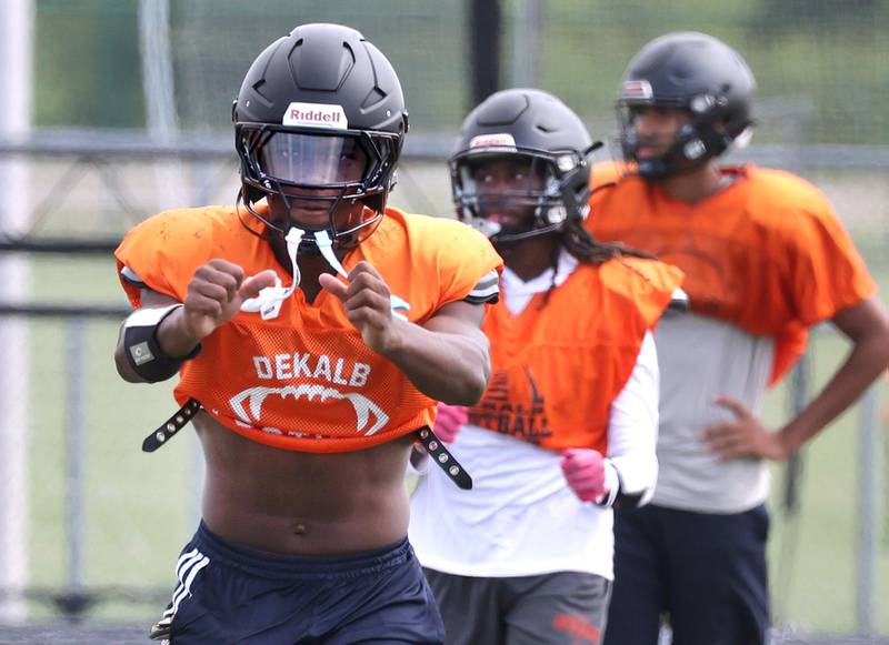 DeKalb’s Davon Grant sets up to block Wednesday, July 15, 2025, during a summer practice session at the school.
