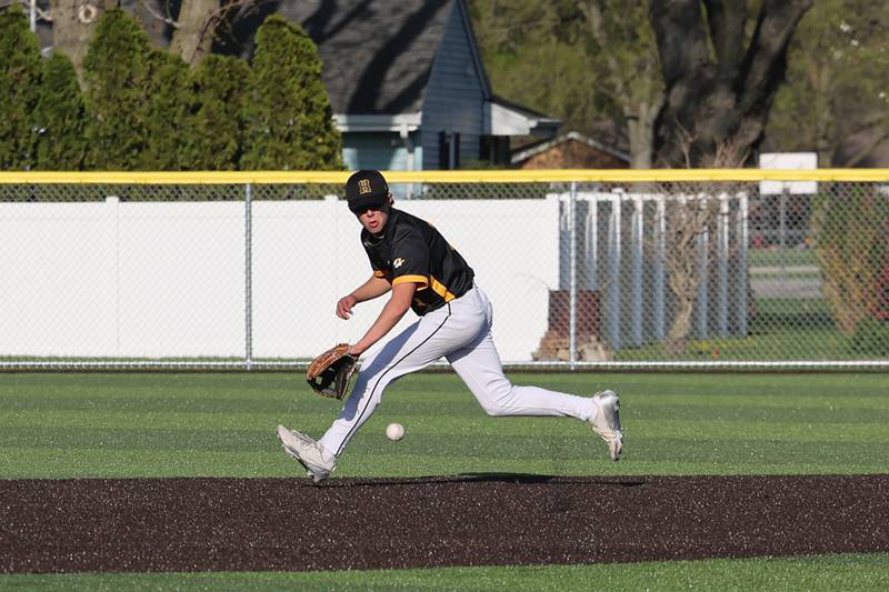 Herscher's Alec Nicholos makes a play during the Tigers' 21-0 victory over Grant Park on Wednesday, April 23, 2025.