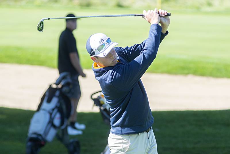 Sterling’s Braden Hartman tees off on no. 15 at Emerald Hill in Sterling for the Class AA IHSA sectional golf meet.