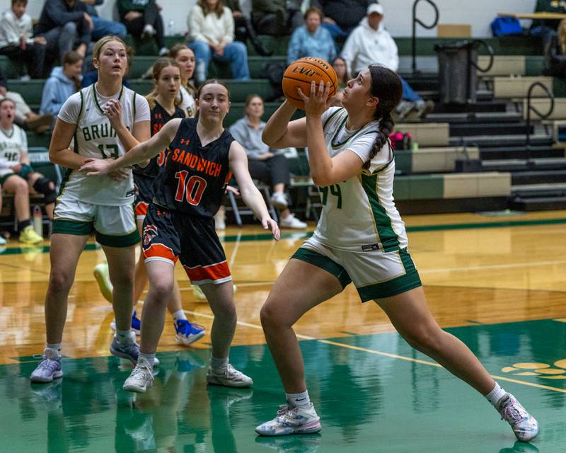 Hannah Waszkowiak (44) of St. Bede steps into layup in game against Sandwich during the Lady Bruins Christmas Classic on Saturday, December 27, 2025 at St. Bede Academy in Peru.