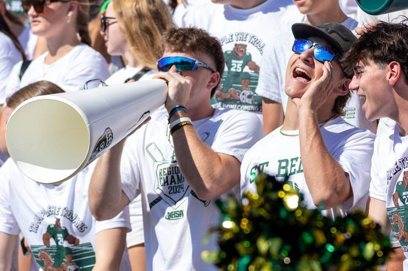 St. Bede student section gets rowdy before start of their homecoming game on Saturday, Oct. 4, 2025 at Captain Thomas J. Heitmann field in Peru.