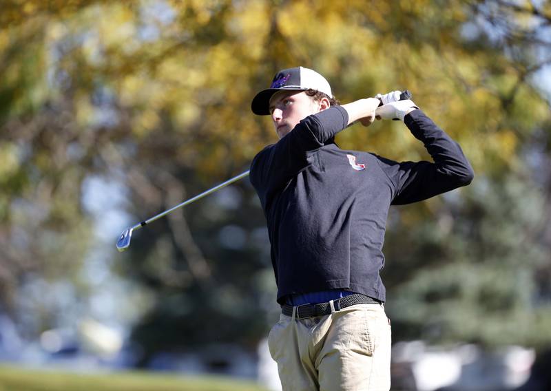 Brady Cross of Lakes tees off at the IHSA Class 2A Kaneland boys golf sectional  Monday, Oct. 7, 2024 at at Hughes Creek in Elburn.
