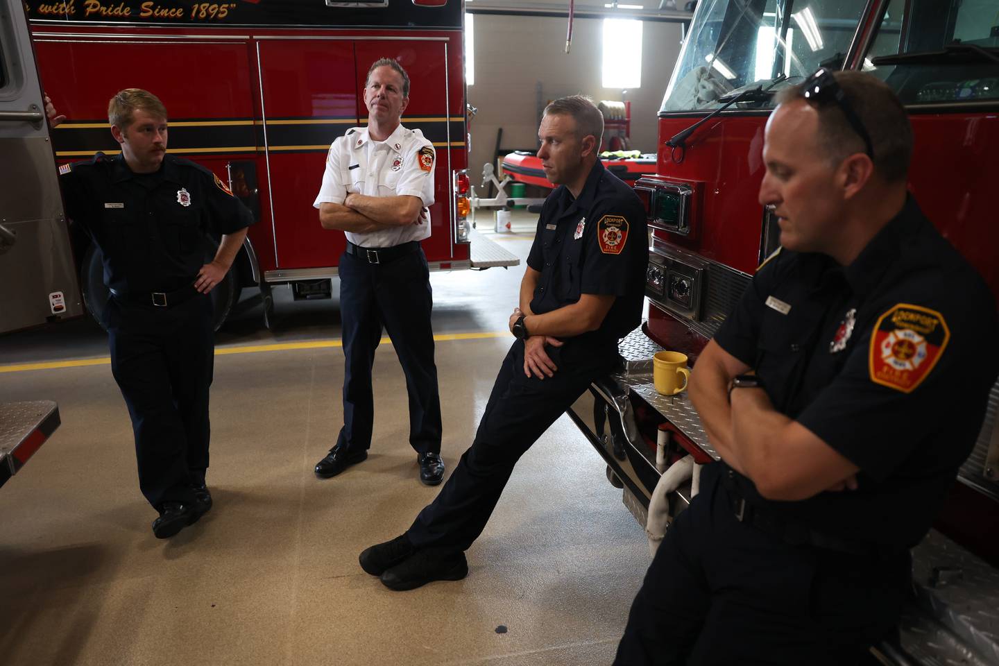 Lockport Firefighter Paramedic’s Josh Blaskey, Lieutenant James Kozek, Jeff Young and Bill Scholtes talk about share their experiences when out on overdose calls. Wednesday, July 6, 2022 in Lockport.