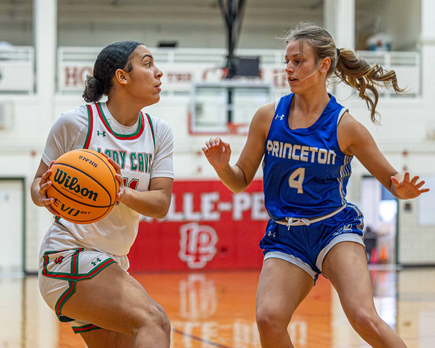 L-P's Giovanna Grebner (11) looks to pass ball as Madie Gibson (4) of Princeton defends on Saturday, Feb. 7, 2026 in Sellett Gymnasium at L-P High School.