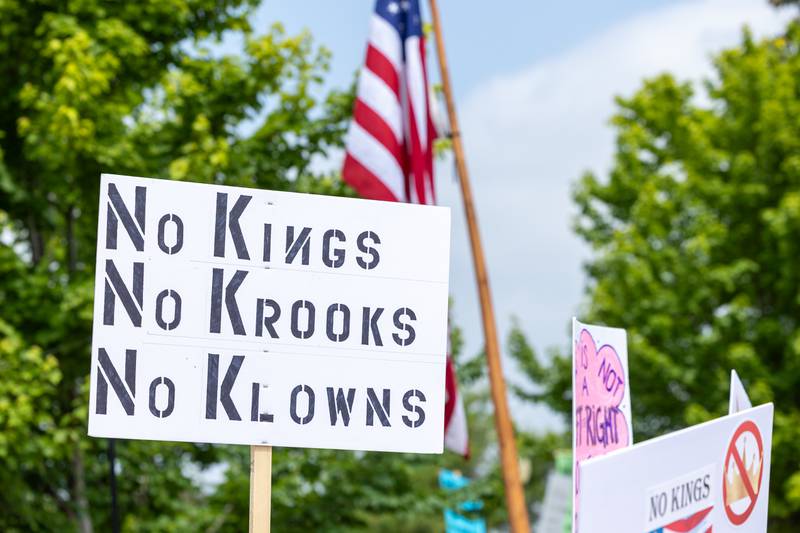 Sign that reads “No Kings No Krooks No Klowns” is held at the “No Kings” protest on Saturday, June 14, 2025 at Rotary Park in Princeton.