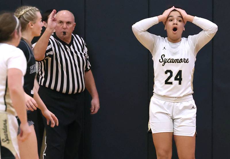 Sycamore's Monroe McGhee can’t believe an officials call during their game against Kaneland Wednesday, Feb. 7, 2024, at Sycamore High School.