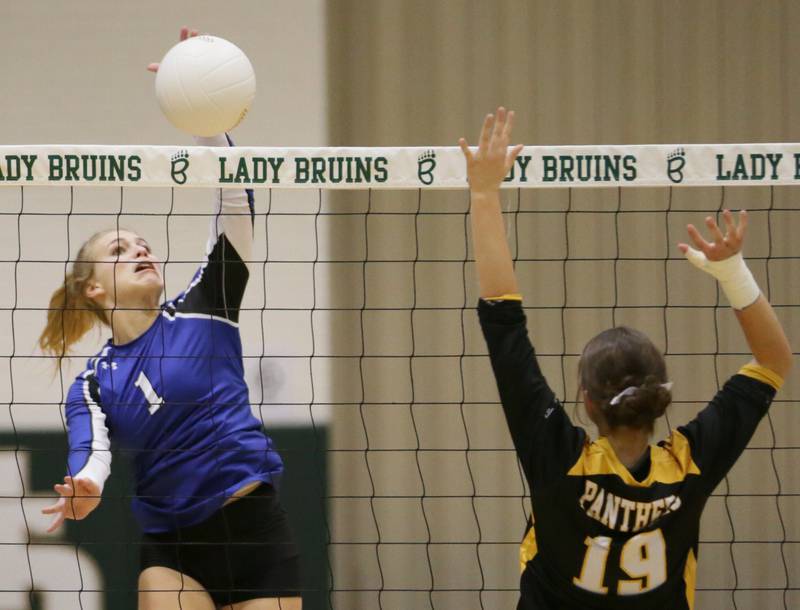 Newark's Addison Ness (1) spikes the ball past Putnam County's Avery Moutray (19) in the Class 1A semifinal game on Wednesday, Oct. 16, 2022 at St. Bede Academy in Peru.