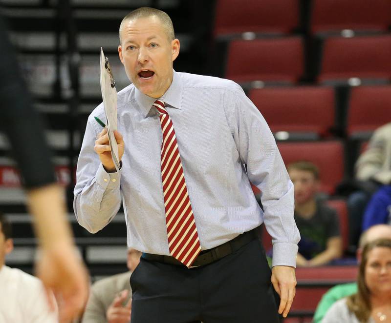 Benet Academy coach Brad Baker coaches his team in the Class 4A semifinal game on Friday, Nov. 11, 2022 at Redbird Arena in Normal.