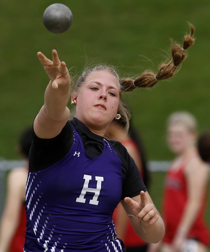 Hampshire’s Hailey Homola throws the shot putt on Thursday, May 2, 2024, during the Fox Valley Conference Girls Track and Field Meet at Jacobs High School in Algonquin.