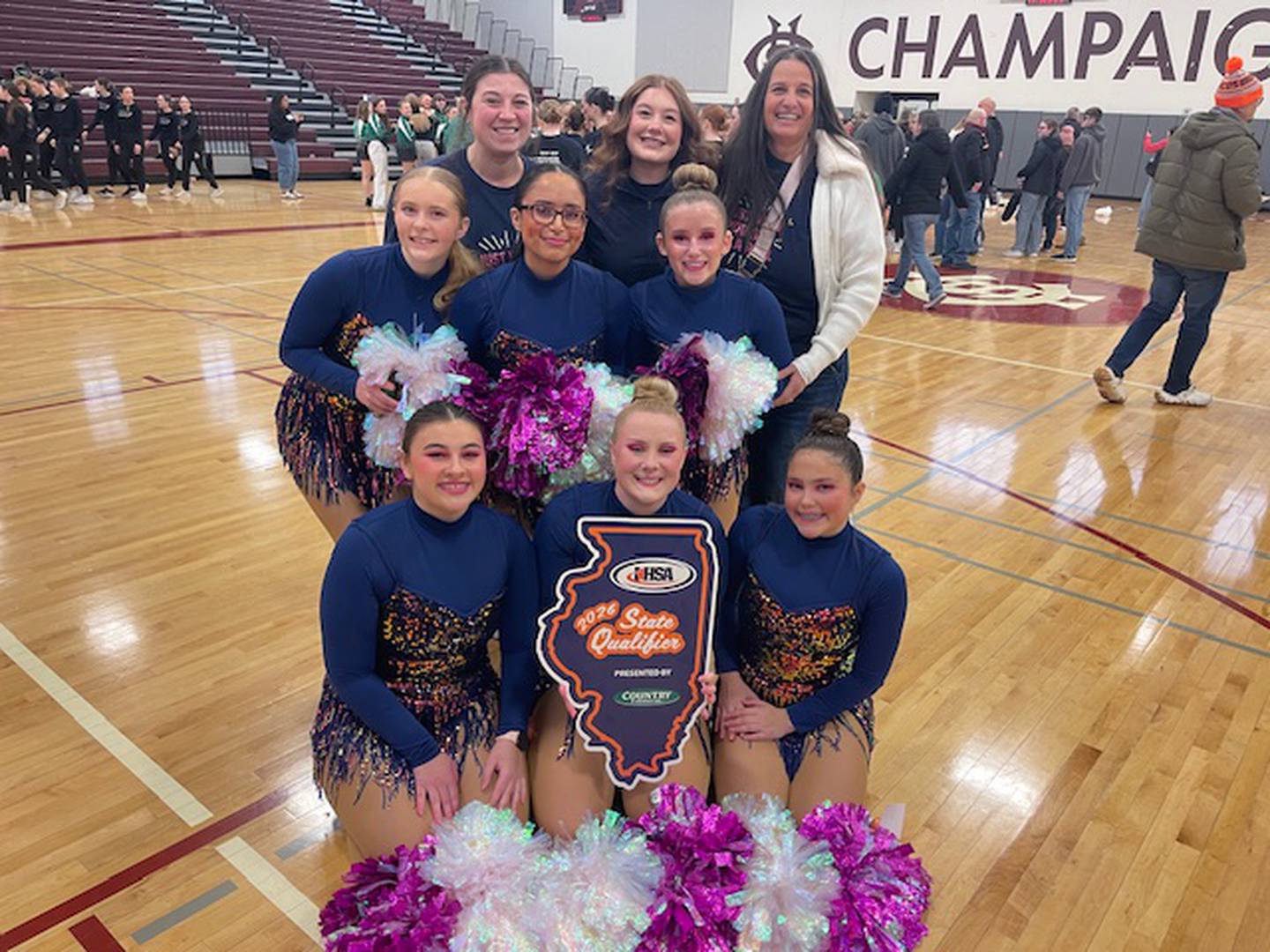 Fieldcrest's competitive dance team placed sixth in the Class 1A Champaign Central Sectional on Saturday  with a team score of 79.93, qualifying for this coming weekend's IHSA State Meet in Bloomington. The state-bound Fieldcrest squad includes (left to right): in front – Kye Castrejon, Alannah Halley and Clair Angelos; middle row – Alyssa Hymbaugh, Devanhy Mendez and Gracie Rhodes; and in back – coach Natalie Fortner, Khloe Barisch and coach Tina Fortner.