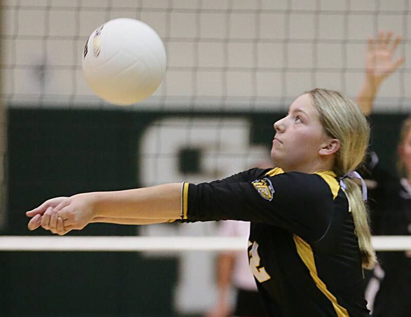 Putnam County's Tori Balma hits the ball against Earlville in the Class 1A Regional game on Monday, Oct. 24, 2022 at St. Bede Academy in Peru.